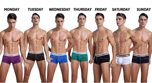 7 Days 1 Week 7 pack Low Rise Boxer Briefs Bamboo Fiber Bulge Pouch Brief Underwear Pack Sunday thru Saturday waist band.
  Sexy  Enhancer Boxer Brief Underwear, Breathable, with Enhancer front pouch Trio Pck